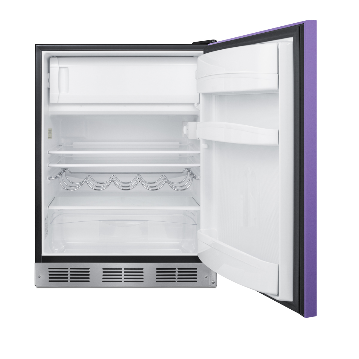 24 in. wide refrigerator-freezer for residential use with a lavender purple door, stainless steel handle, and black cabinet